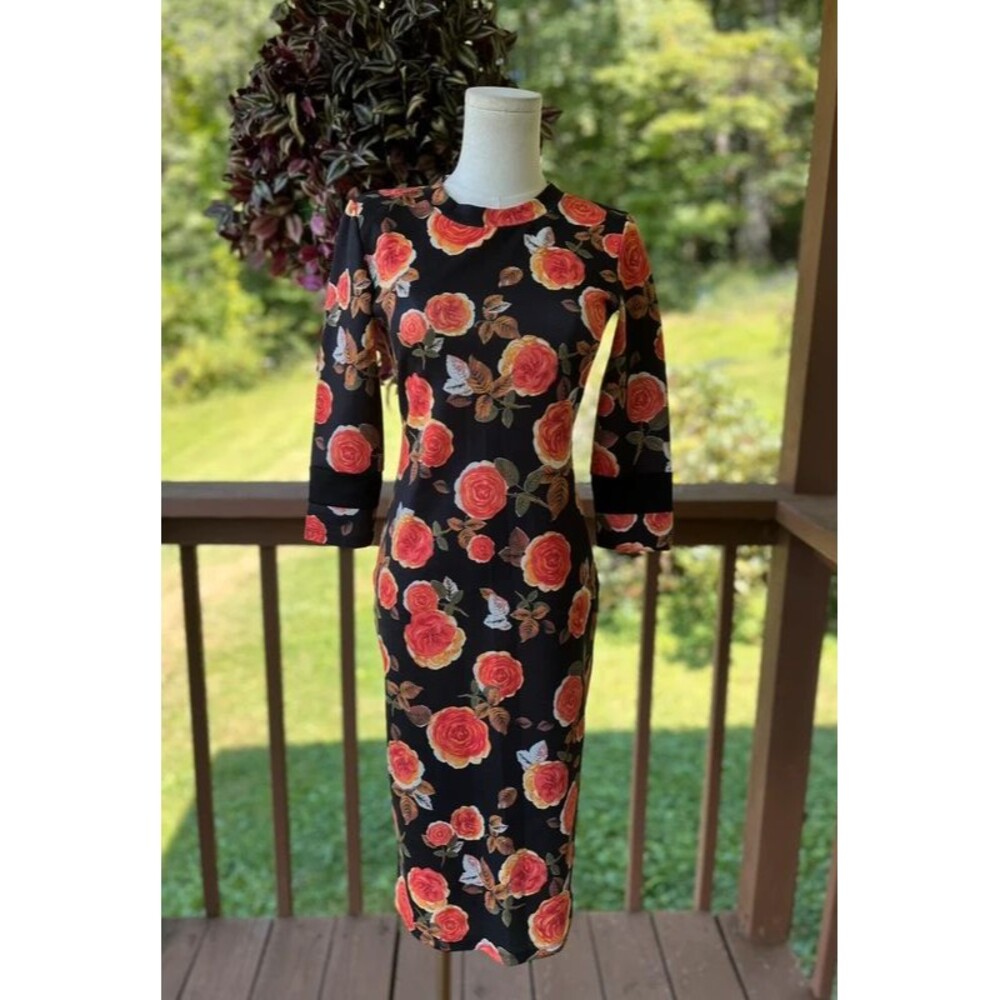 Zara Trafaluc Floral Rose Print Fitted Midi Dress Black Orange Size S